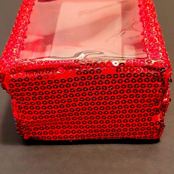 NEW Red Sequined Novelty Evening Clutch, Bow Handle, Transparent Sides, Bow - Picture 7 of 9